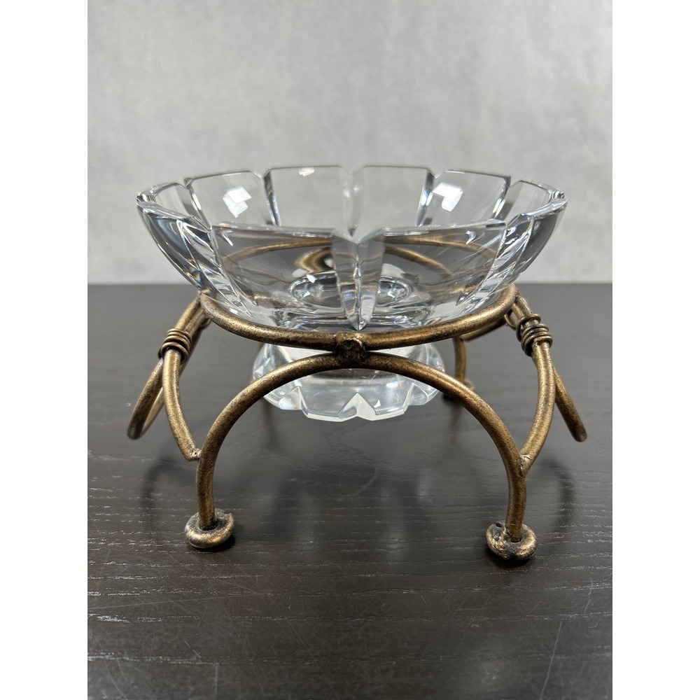 Orrefors Crystal Scalloped Petal Bowl with Bronze Tone Metal Ring Tripod Stand